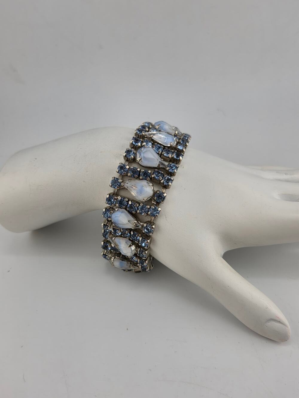 Vintage Blue Rhinestone Moonglow Glass Teardrop Wide Bracelet 7" Mid Century